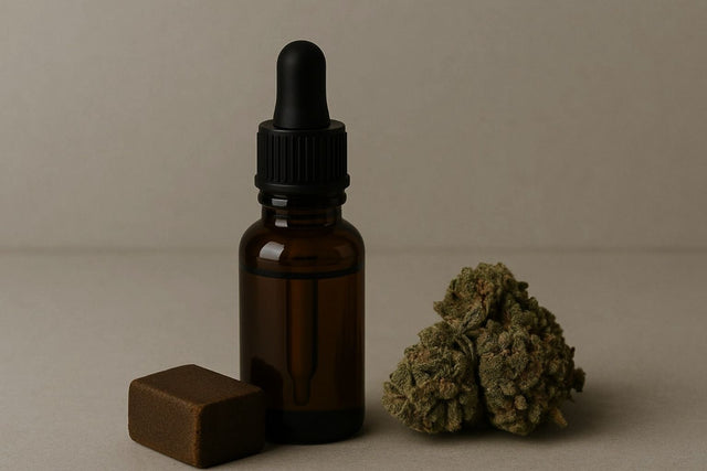Unverpackte CBD Produkte - Blüten, Hasch und einer braunen Pipettenflasche eines CBD Öles auf einem hellen natürlichen Hintergrund