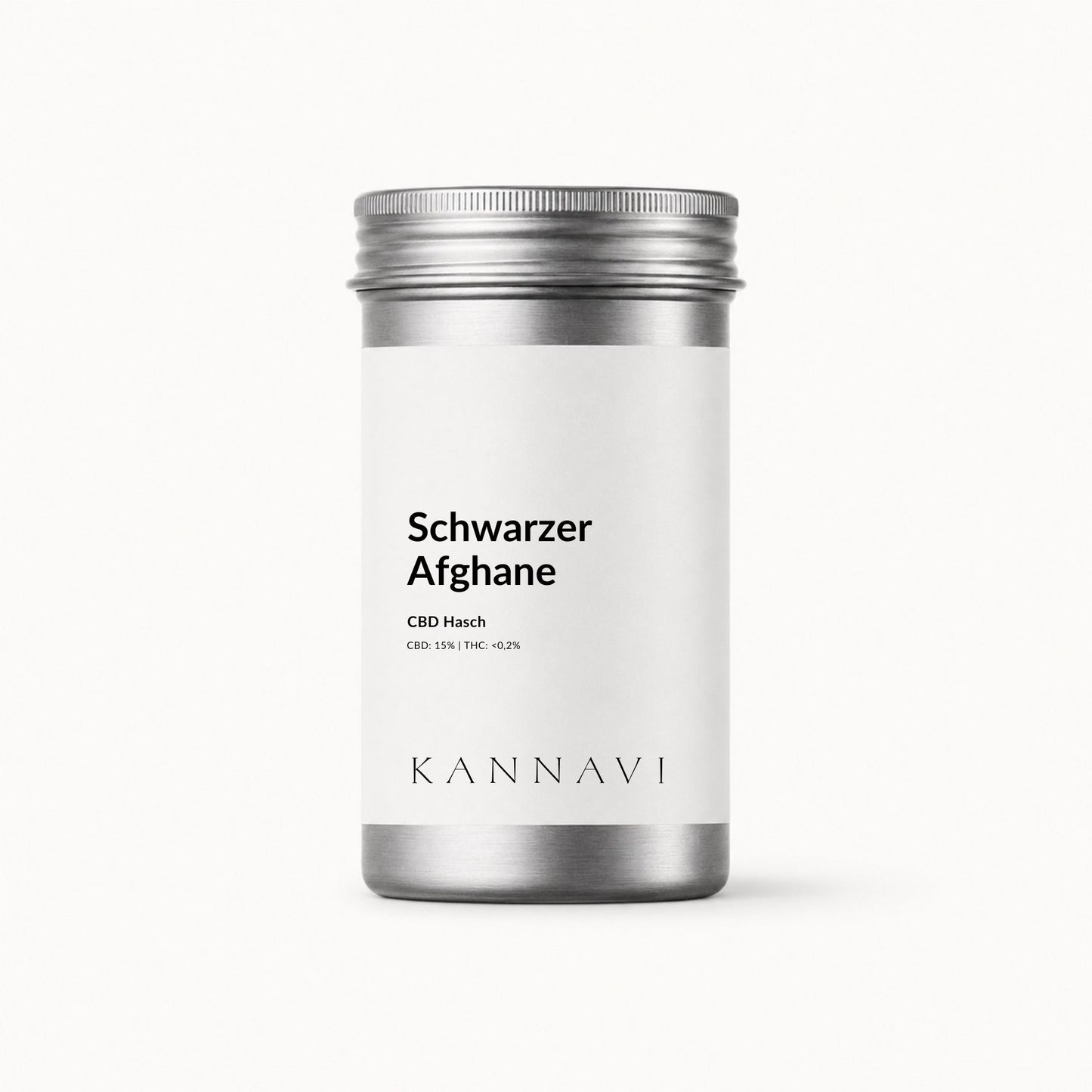 Schwarzer Afghane CBD Hasch im Kannavi Aluminiumdose mit weißem Etikett