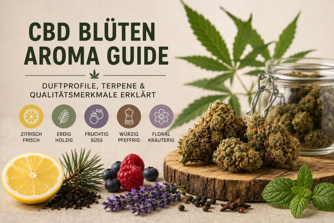 CBD Blüten Aroma Guide von Kannavi mit Duftprofilen wie zitrisch, erdig, fruchtig, würzig und floral sowie natürlichen Terpen-Quellen.