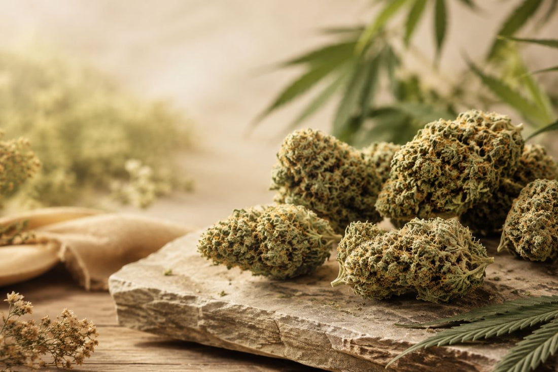 CBD-Blüten auf Naturstein mit Hanfblättern und botanischen Akzenten für den Kannavi Sortenvergleich