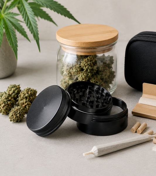 CBD Zubehör mit Grinder, Aufbewahrungsglas, Papers, Filtern und praktischen Hilfsmitteln für CBD-Blüten und CBD Hasch