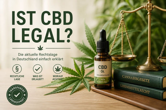 CBD-Öl mit Hanfblättern, Waage und Gesetzesbüchern als Symbol für die Rechtslage von CBD in Deutschland