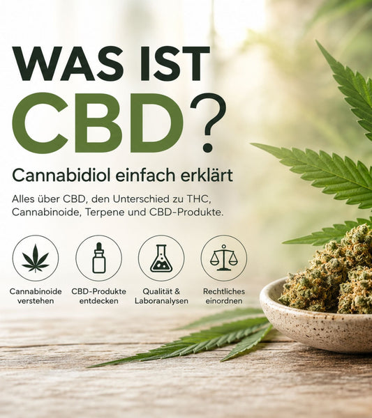 Was ist CBD – Cannabidiol einfach erklärt mit Hanfblatt, CBD-Produkten und Laboranalyse-Symbolen