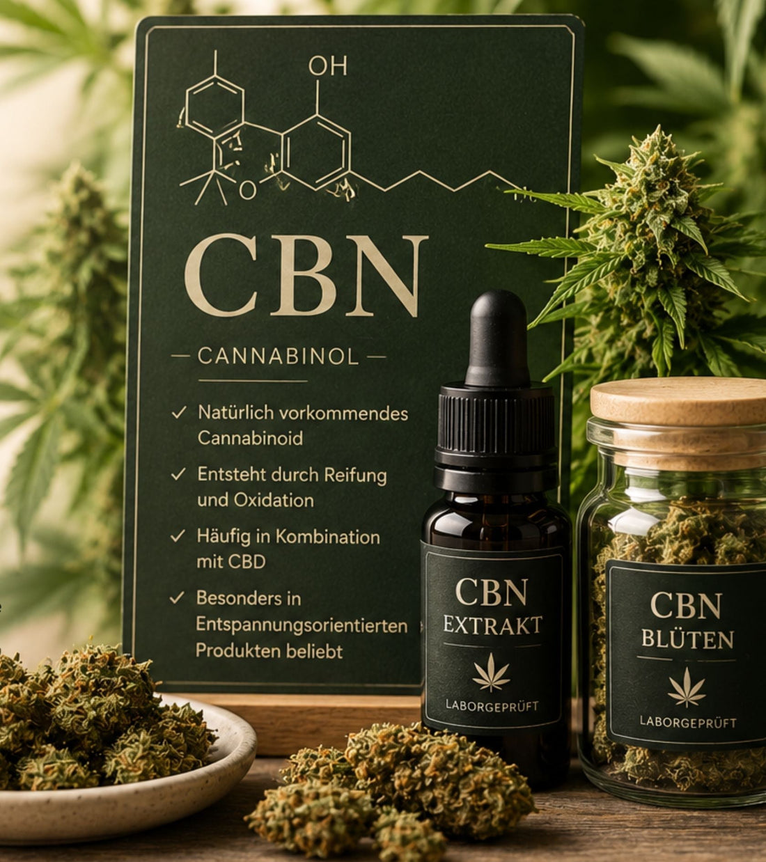Was ist CBN – Cannabinol einfach erklärt mit Hanfblatt, Cannabinoidprofil und Laboranalyse