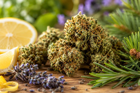CBD-Blüten mit natürlichen Terpenquellen wie Zitrus, Lavendel, Rosmarin und Pinie.