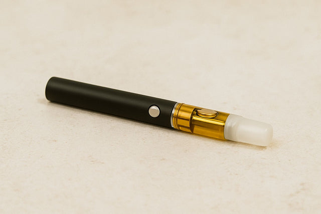 Schwarzer 10-OH-HHC Vape Pen mit goldenem Liquid-Tank auf hellem Hintergrund in Nahaufnahme 