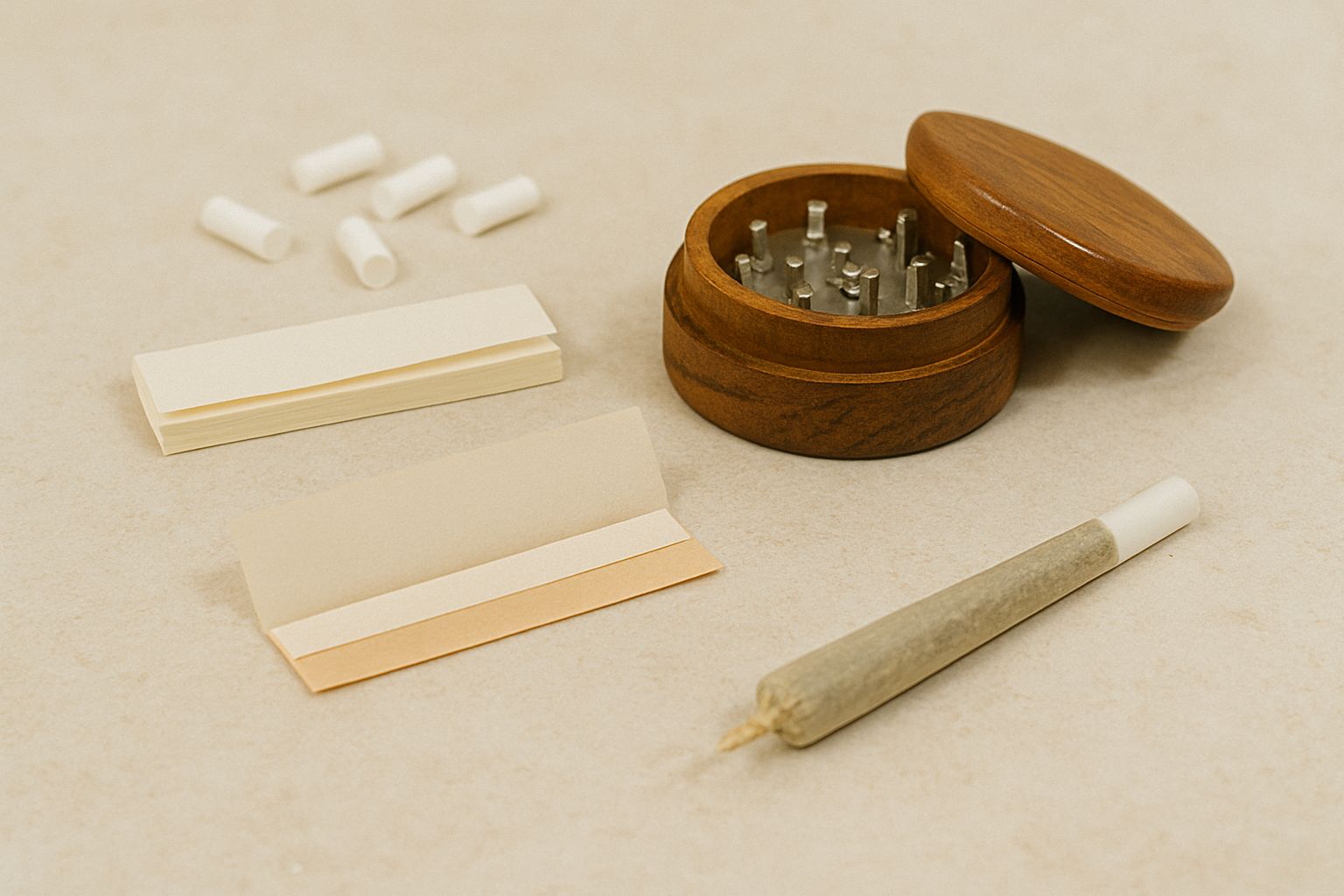 Arrangement aus Grinder, Papers, Filter und Joint auf hellem Untergrund - Raucherzubehör natürlich inszeniert
