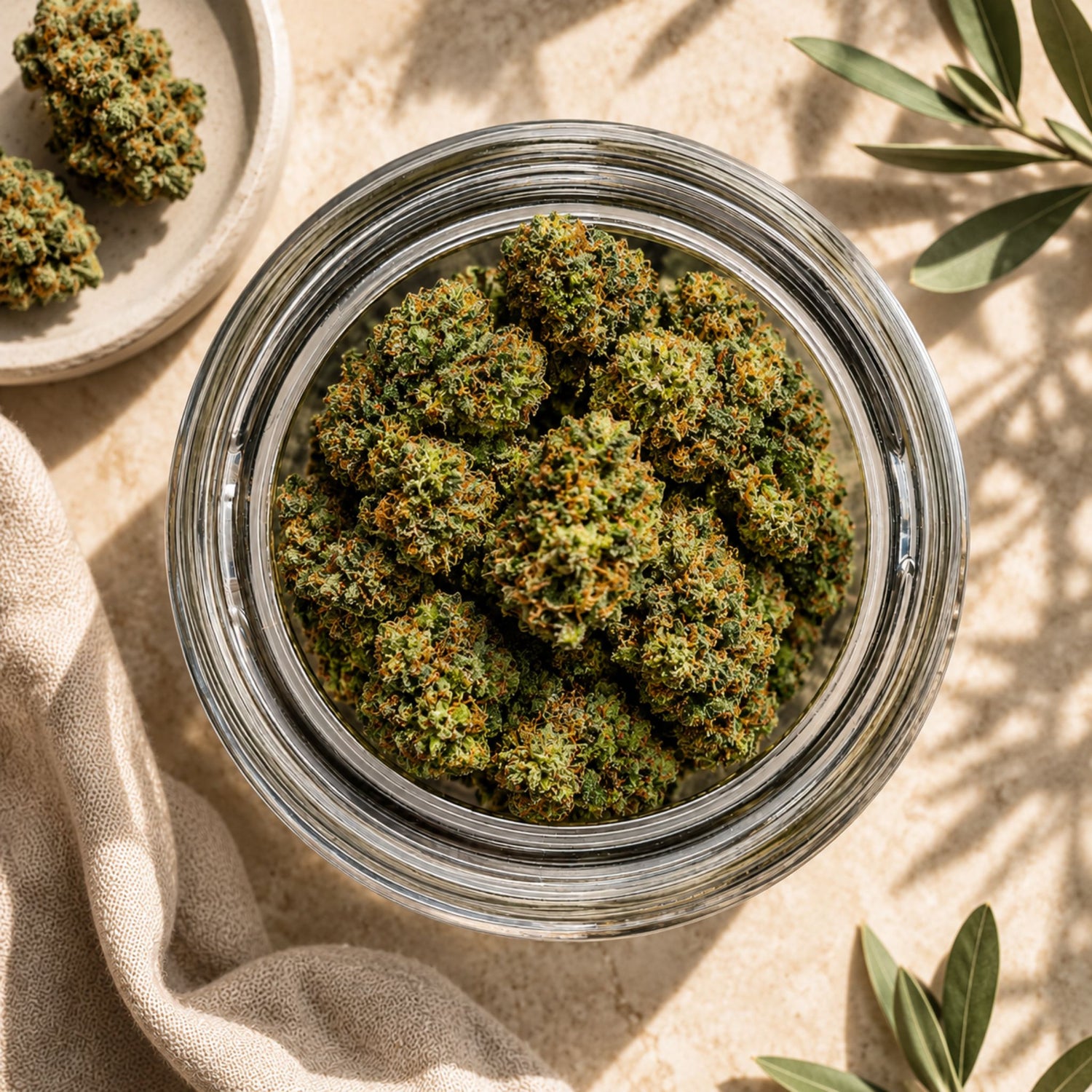Candy Kush CBN-Blüten im geöffneten Glas mit sichtbarer Blütenstruktur
