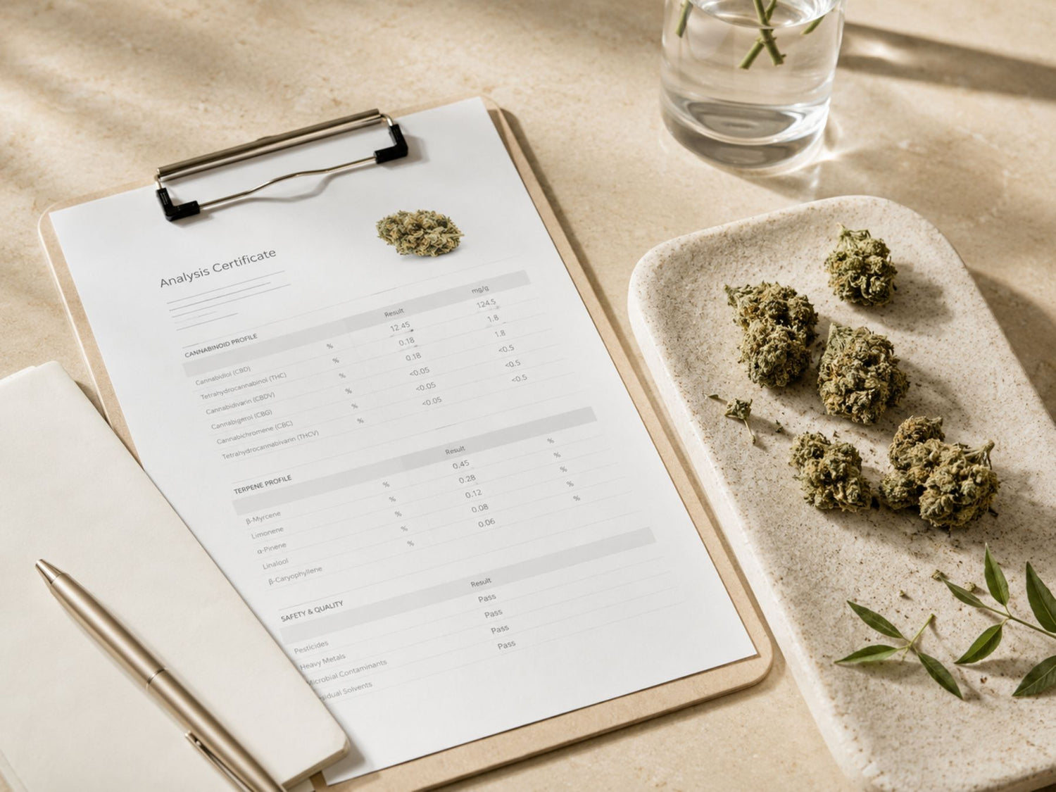 CBD Blüten neben Analysezertifikat auf Klemmbrett mit Notizbuch, Stift und heller Keramikschale