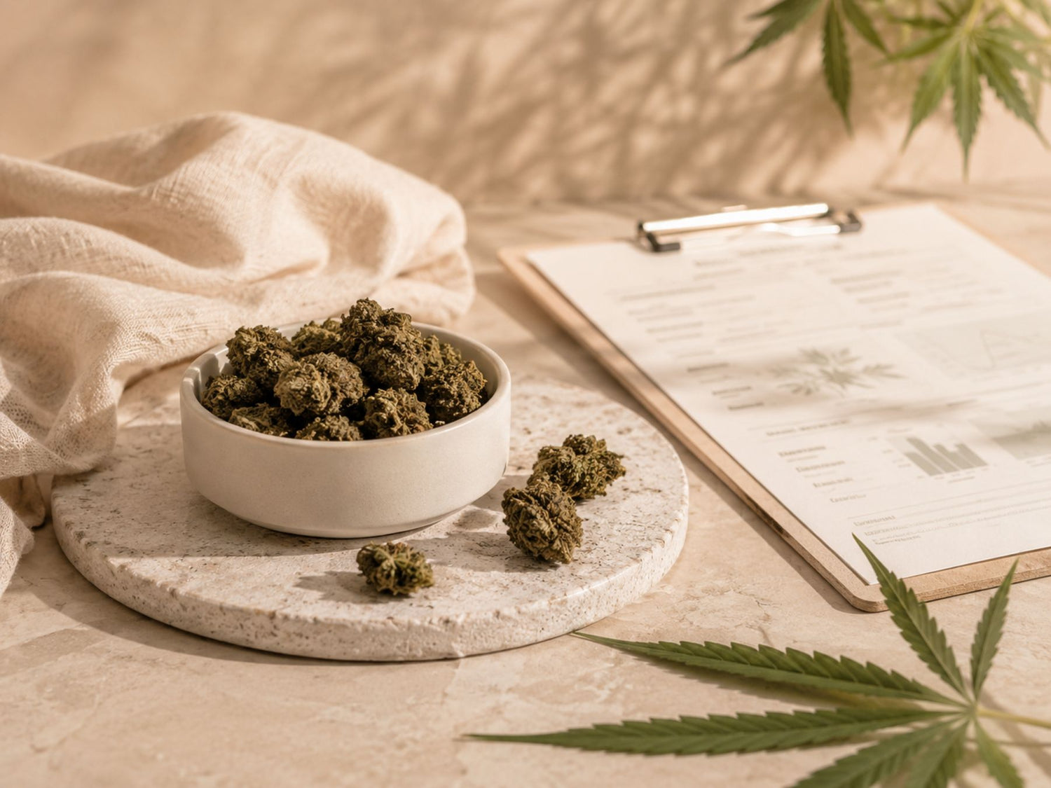 CBD Blüten neben Analyse unterlagen
