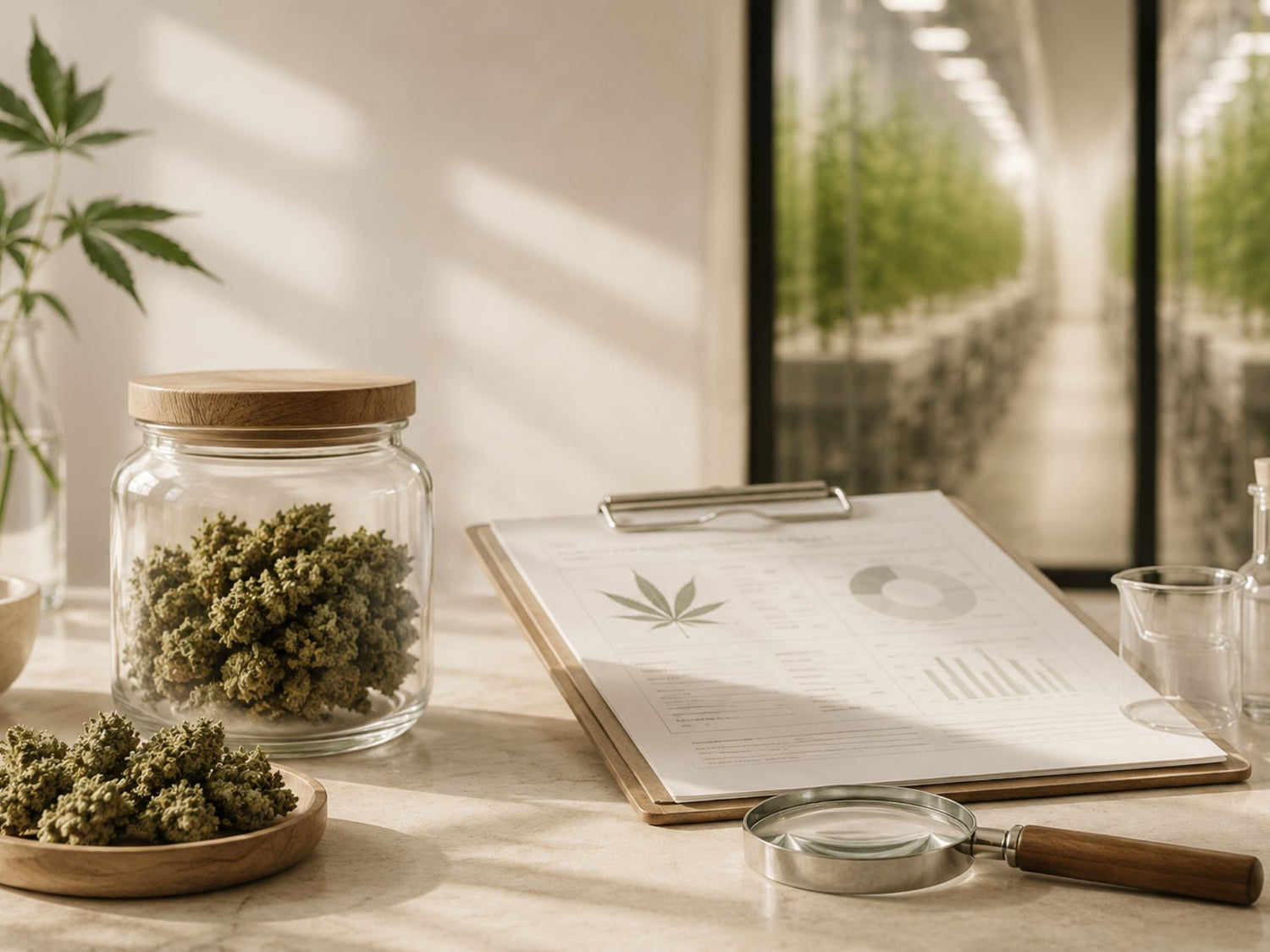Glas mit CBD Blüten auf Natursteinplatte neben Analysebericht und Hanfblatt in warmem Licht
