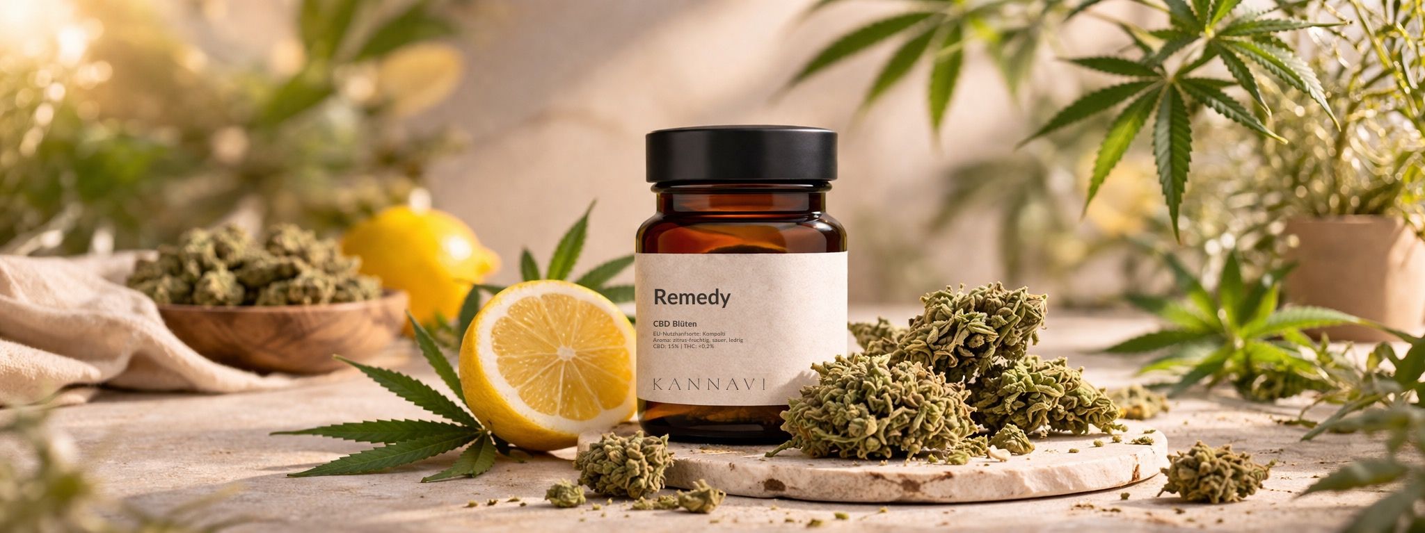 Hero Bild vom CBD Onlineshop Kannavi mit natürlichen Hanfblüten 