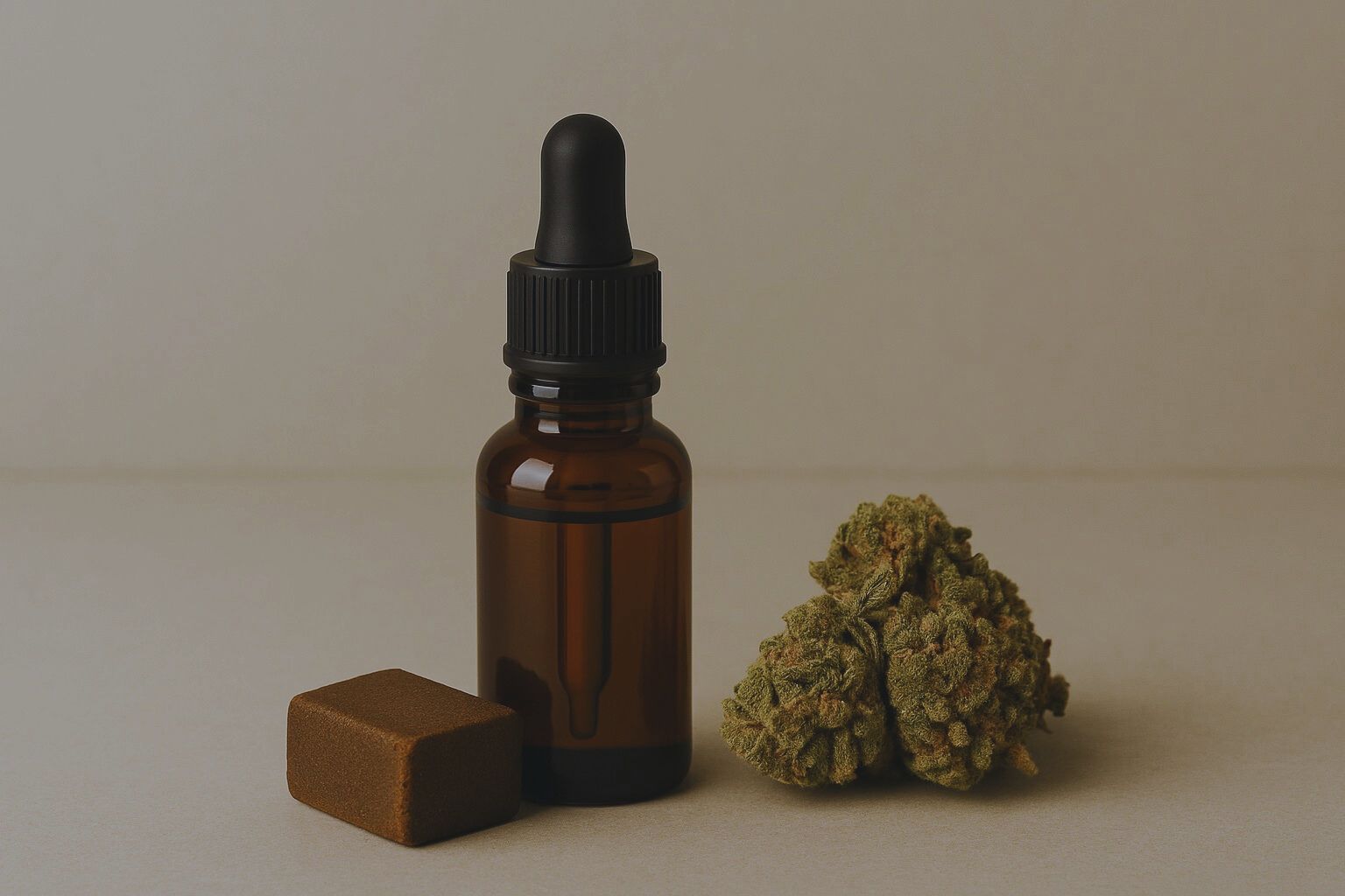 Natürliche CBD-Produkte: Öle, Blüten und Hasch auf weißem Hintergrund