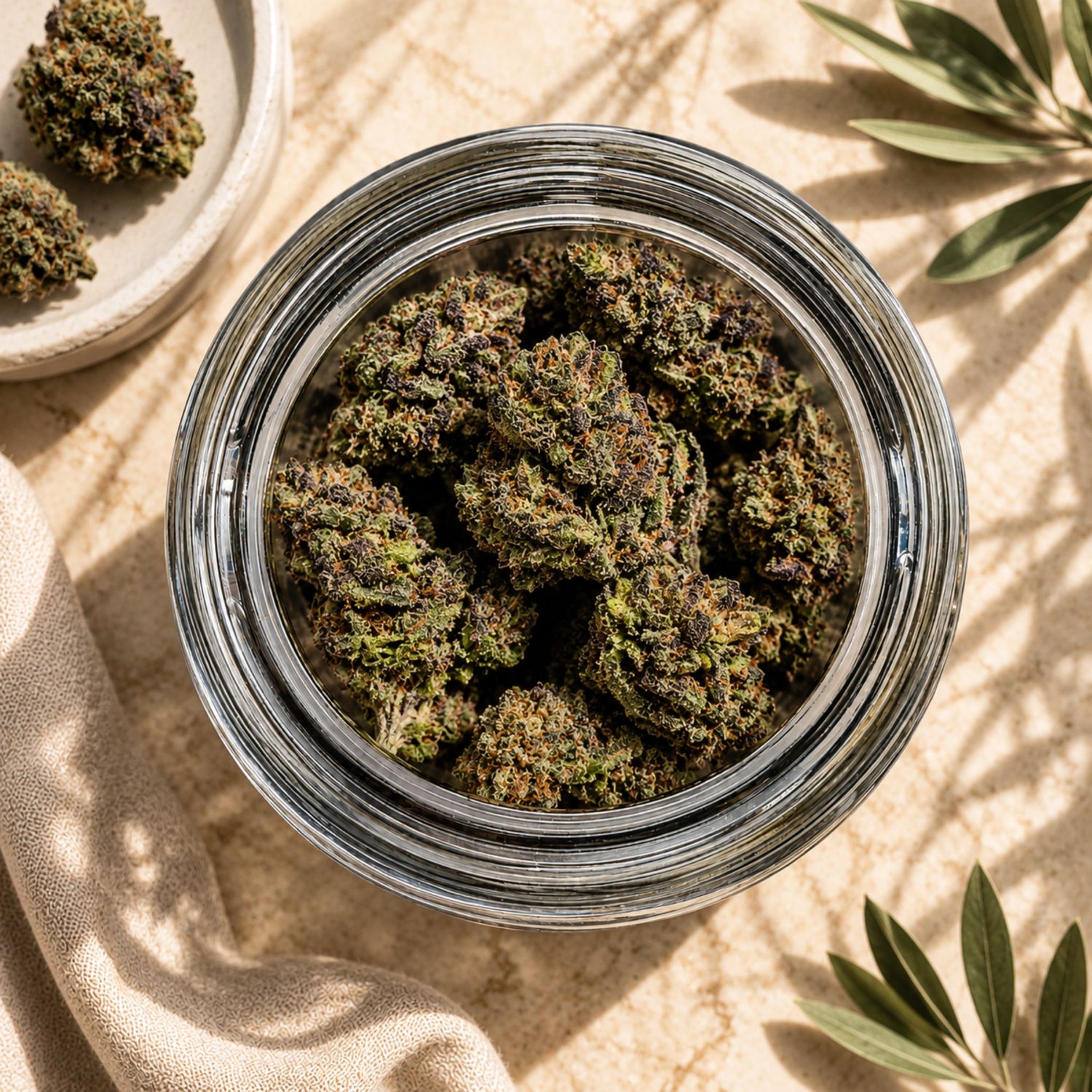 Erdbeerli CBD-Blüten im geöffneten Glas mit sichtbarer Blütenstruktur
