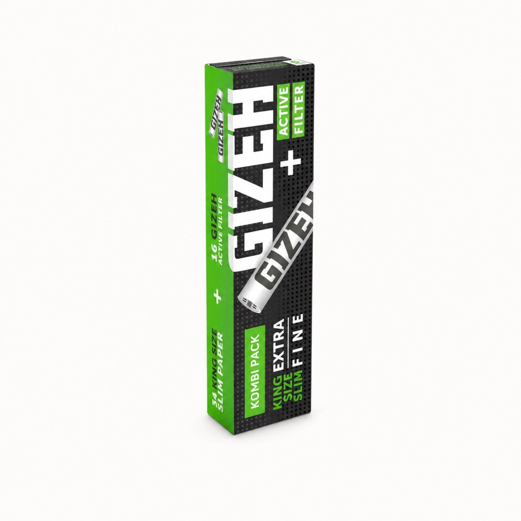 GIZEH Kombi Pack mit Active Filter und King Size Slim Papers auf hellem Hintergrund.