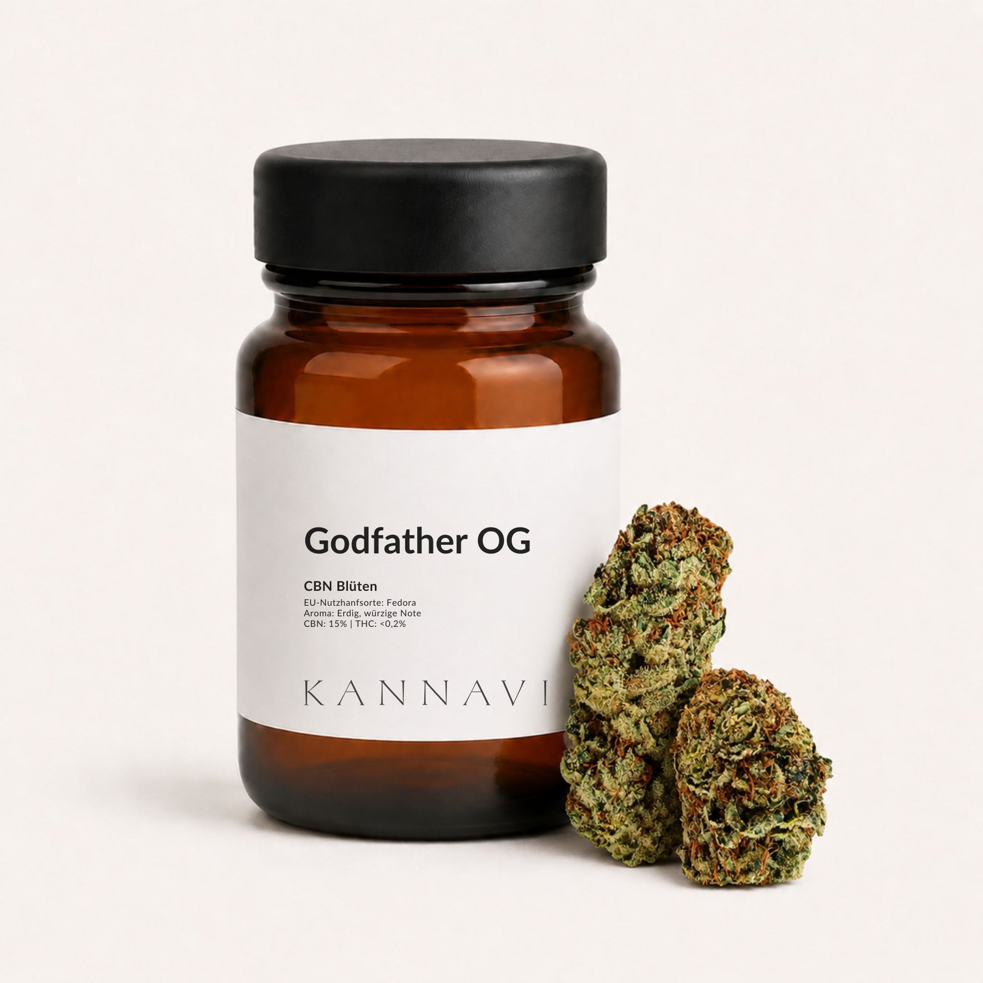 Godfather OG CBN-Blüten mit Produktglas und Hanfblüte im Kannavi Stil
