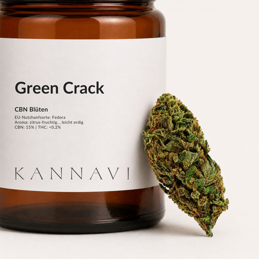  Detailaufnahme von Green Crack CBN-Blüten mit Produktetikett und Hanfblüte
