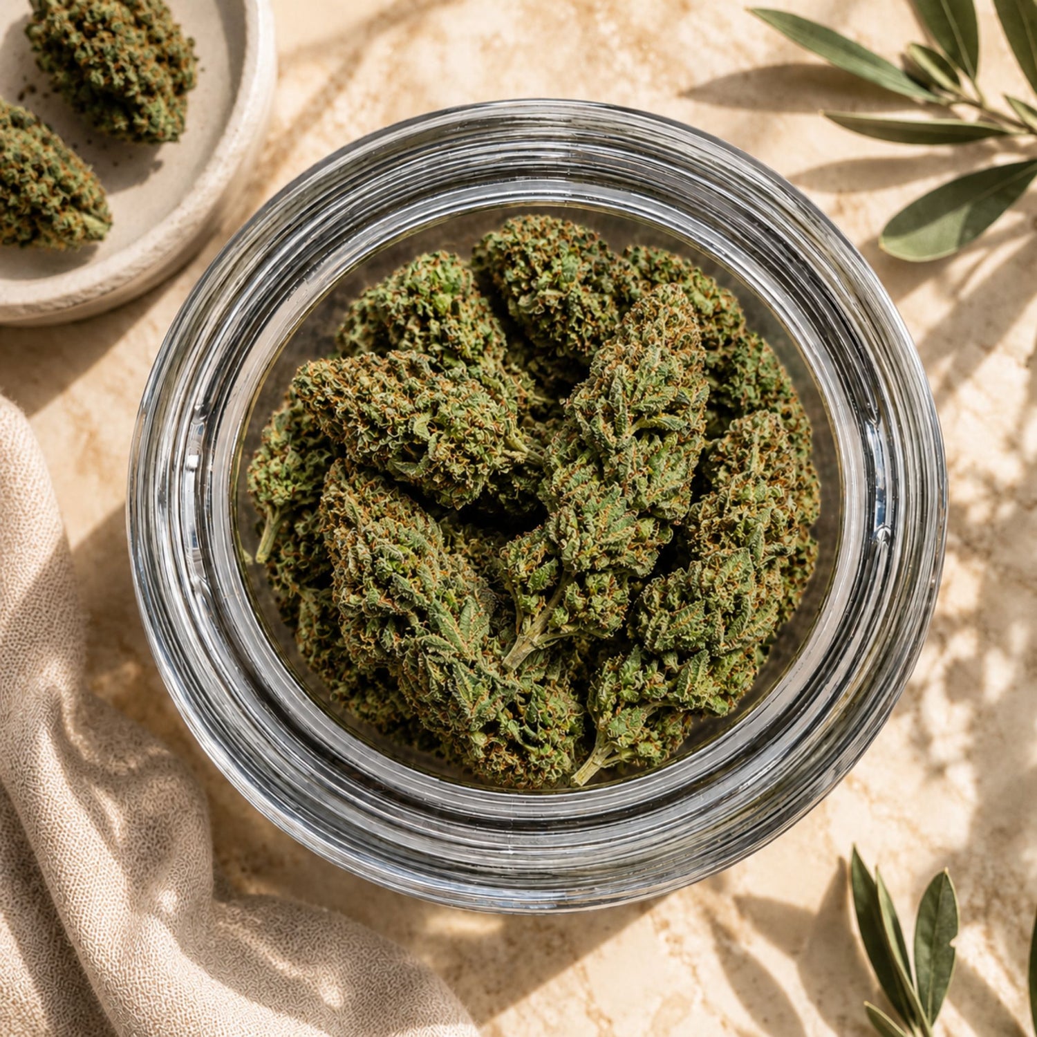 Green Crack CBN-Blüten im geöffneten Glas mit sichtbarer Blütenstruktur
