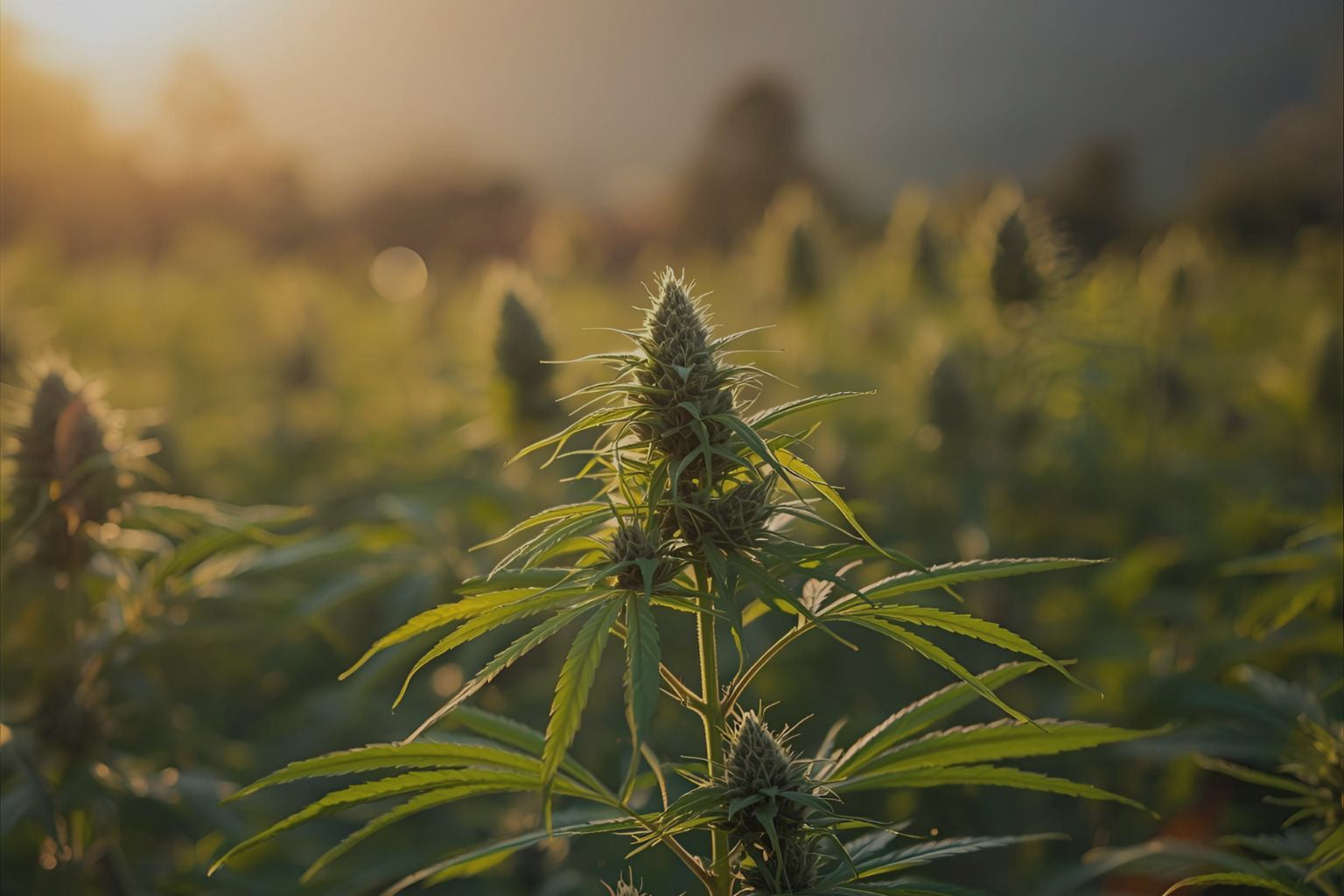 Großes Hanffeld mit jungen Cannabispflanzen, Blick über das Feld
