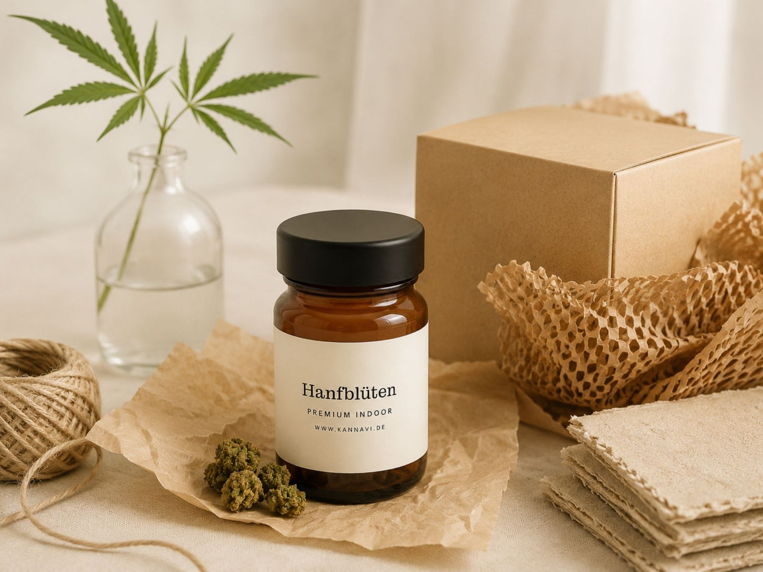 Kannavi Hanfblüten Premium Indoor Glas mit Hanfblüten, Versandkarton und nachhaltigem Verpackungsmaterial
