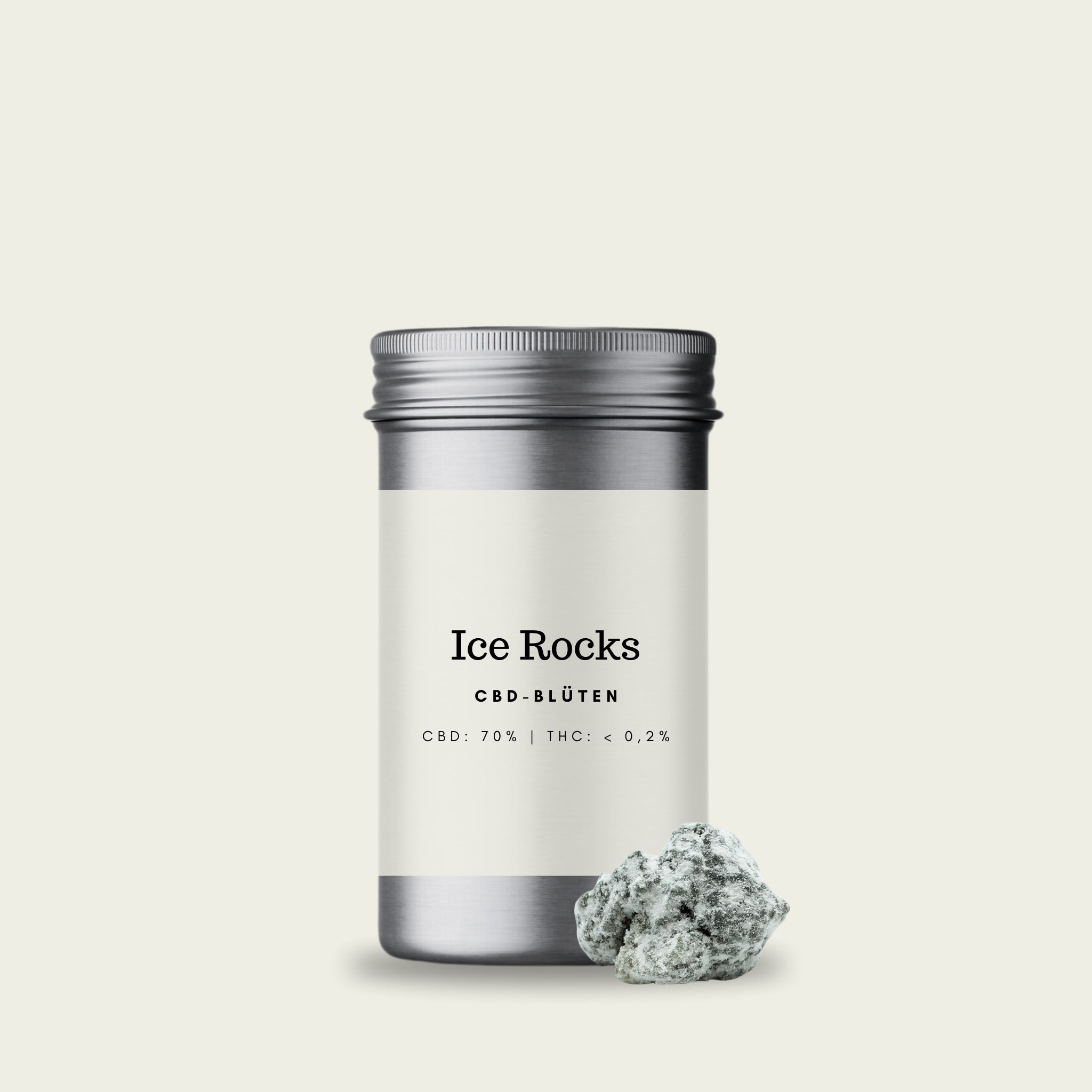 CBD-Blütendose der veredelten CBD-Blüten "Ice Rocks" von Kannavi mit kristallüberzogenem Blütenstück davor.