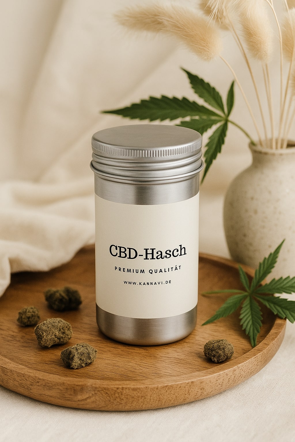 Silberne CBD-Hasch-Dose auf Holztablett mit Hanfblüten, getrockneten Gräsern und Hanfblatt.