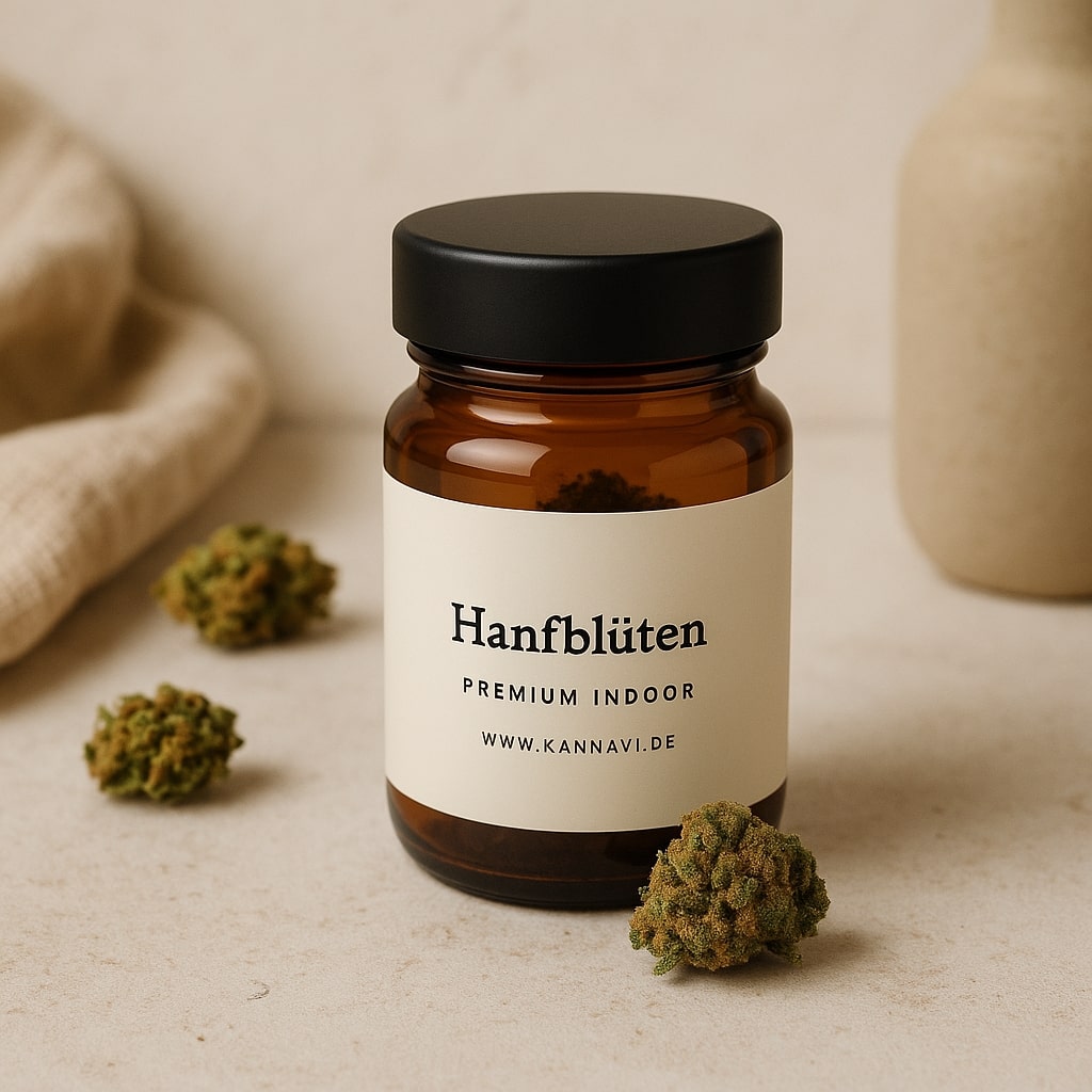 Braunes Glas Hanfblüten auf ruhigem Untergrund mit Cannabisblüten und Vase im Hintergrund.