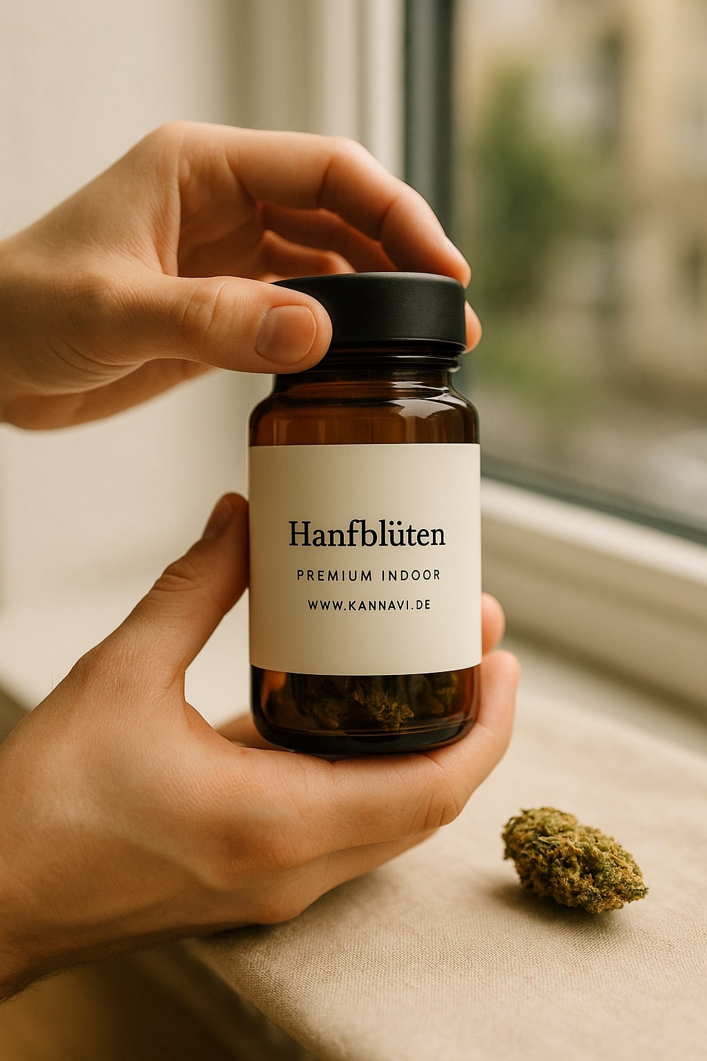 Person hält ein Glas Hanfblüten am Fenster, mit einer Blüte auf Stoff im Vordergrund.