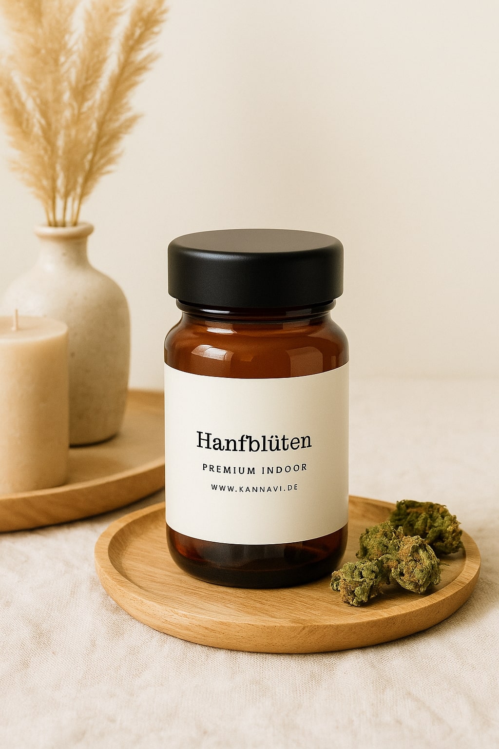 Braunes Glas mit Hanfblüten auf rundem Holztablett, umgeben von Deko und Cannabisblüten.