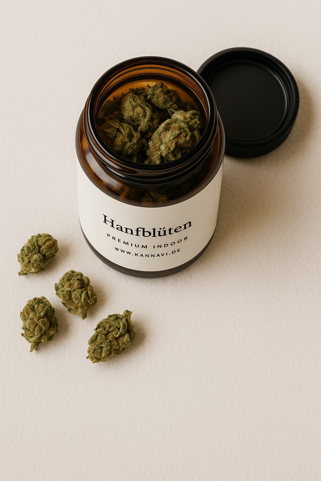 Offenes Glas voller Hanfblüten von oben fotografiert, mehrere Blüten daneben.