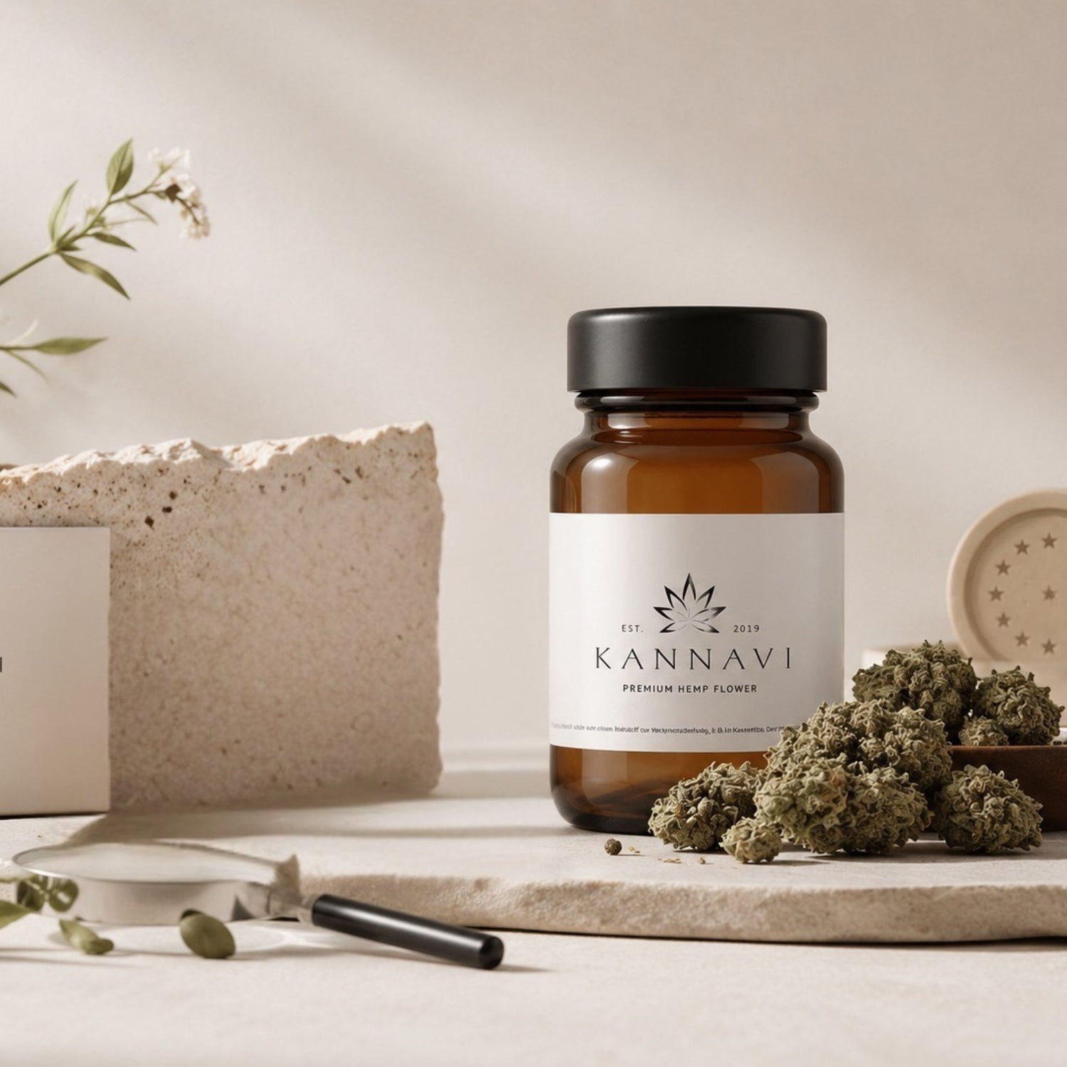 Kannavi Premium Hemp Flower Glas neben Hanfblüten, Lupe und hellem Naturstein im minimalistischen Studio-Setup.
