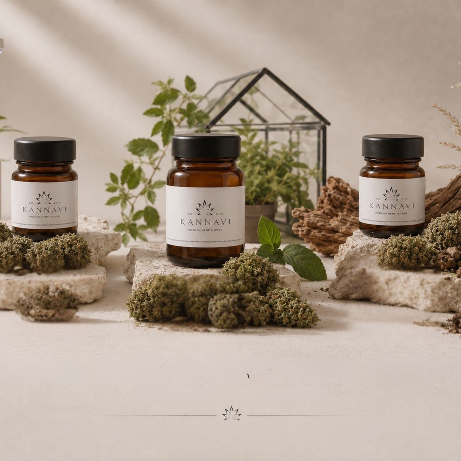 Drei Kannavi Gläser mit Premium Hemp Flower zwischen Hanfblüten, Pflanzen und kleinem Glasgewächshaus.
