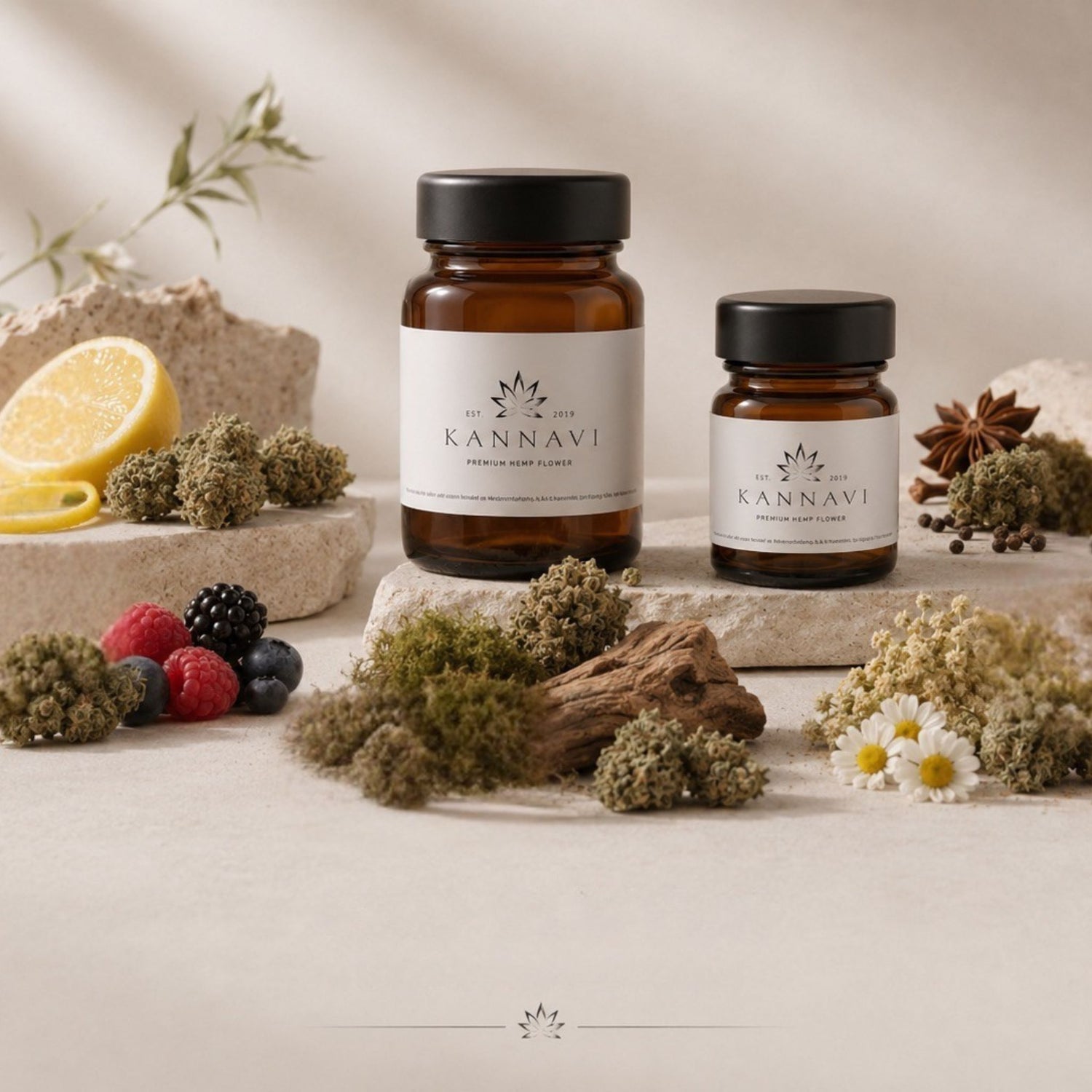 Zwei Kannavi Premium Hemp Flower Gläser mit Hanfblüten, Zitrone, Beeren, Gewürzen und Kamillenblüten.