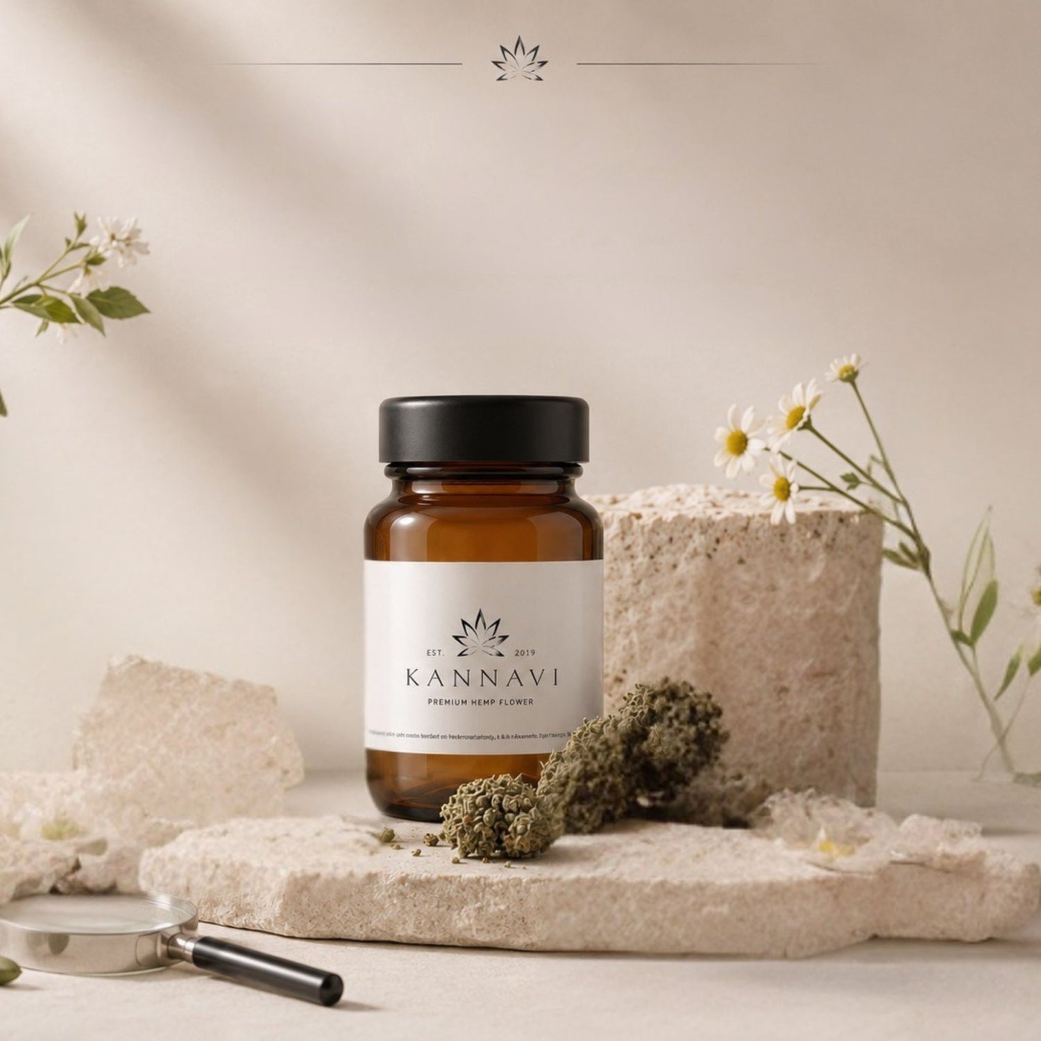 Braunes Kannavi Glas mit Premium Hemp Flower auf hellem Steinpodest, dekoriert mit Blüten und Hanfblüten.