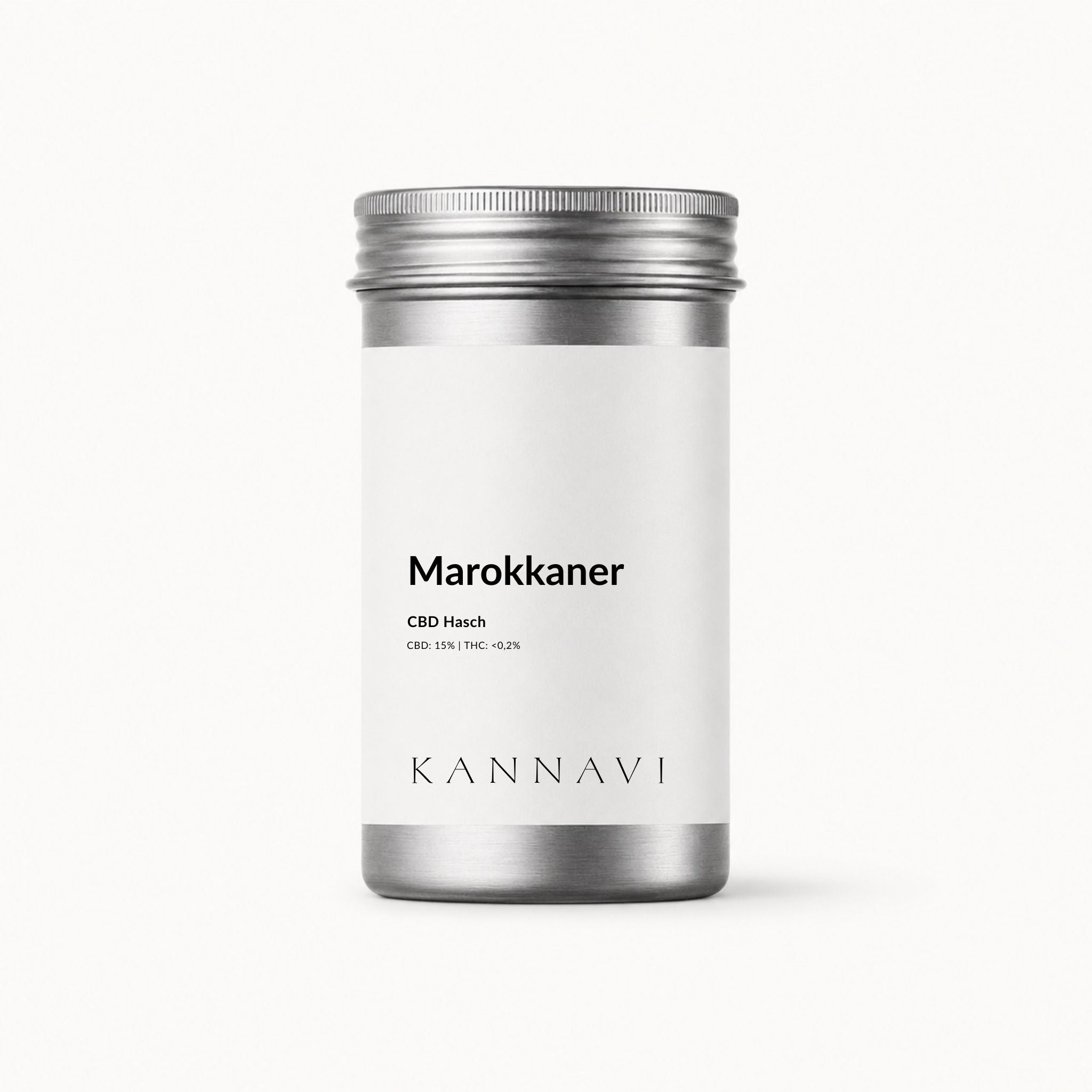 Marokkaner CBD Hasch im Kannavi Aluminiumdose mit weißem Etikett
