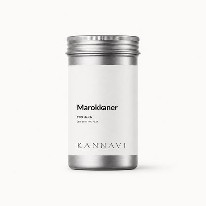Marokkaner CBD Hasch im Kannavi Aluminiumdose mit weißem Etikett
