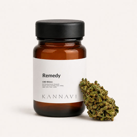 Remedy CBD Blüten mit Produktglas und Hanfblüte im Kannavi Stil
