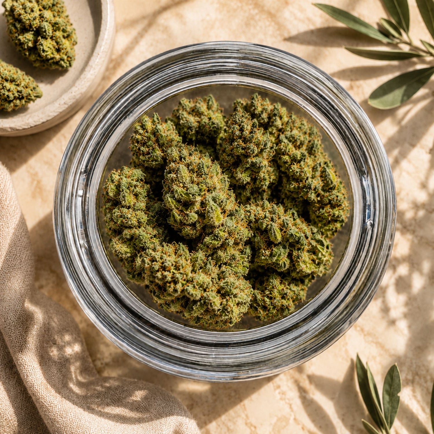 Remedy CBD-Blüten im geöffneten Glas mit sichtbarer Blütenstruktur
