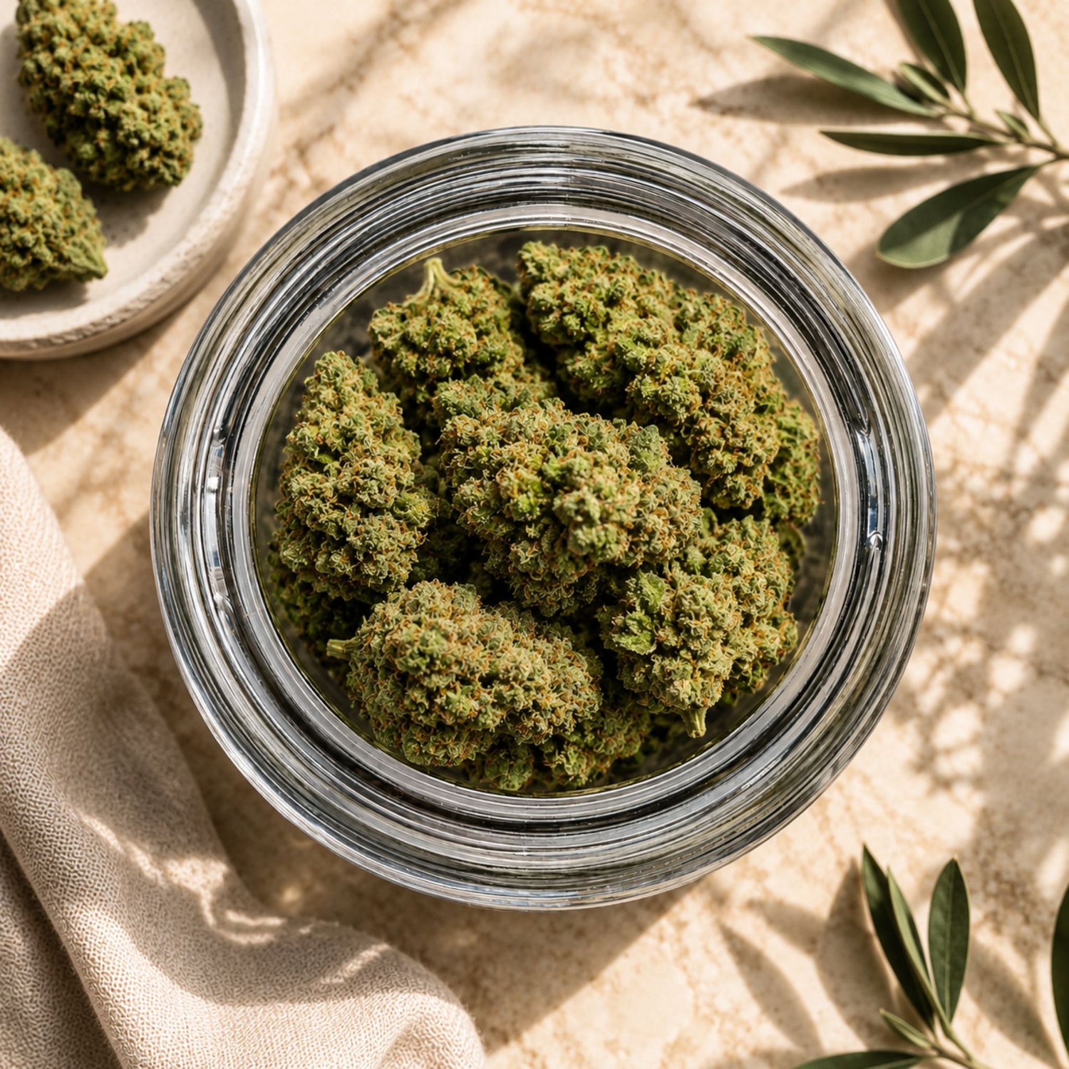 Sour Lemon CBD-Blüten im geöffneten Glas mit sichtbarer Blütenstruktur

