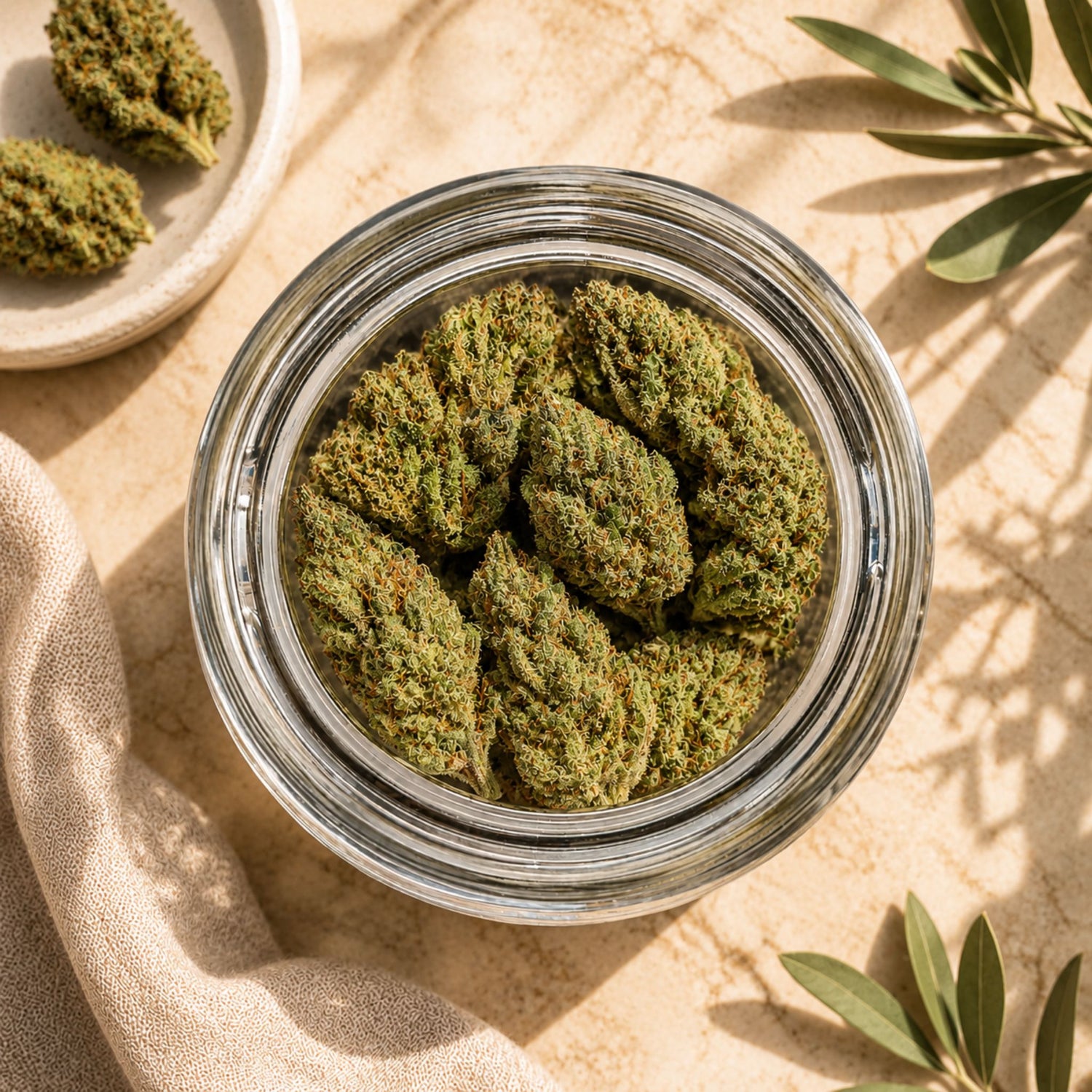 Super Skunk CBN-Blüten im geöffneten Glas mit sichtbarer Blütenstruktur
