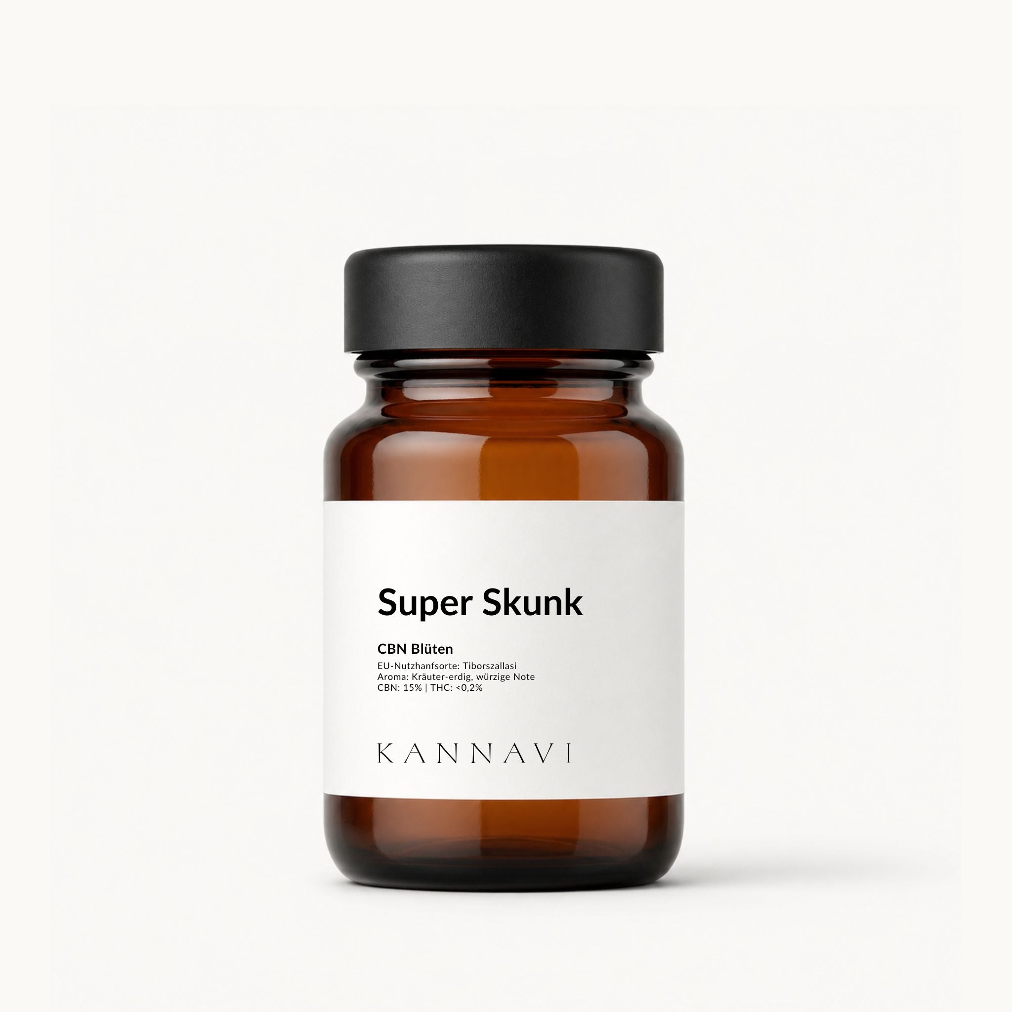 Super Skunk CBN-Blüten im Kannavi Produktglas mit weißem Etikett
